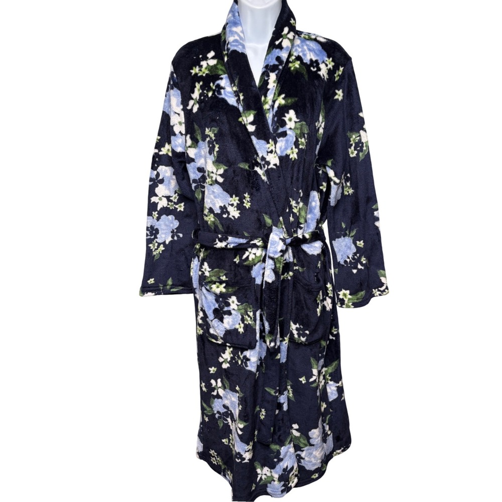NICOLE MILLER Womens Navy Blue Floral Plush Belted Robe Sz M Cottagecore Soft